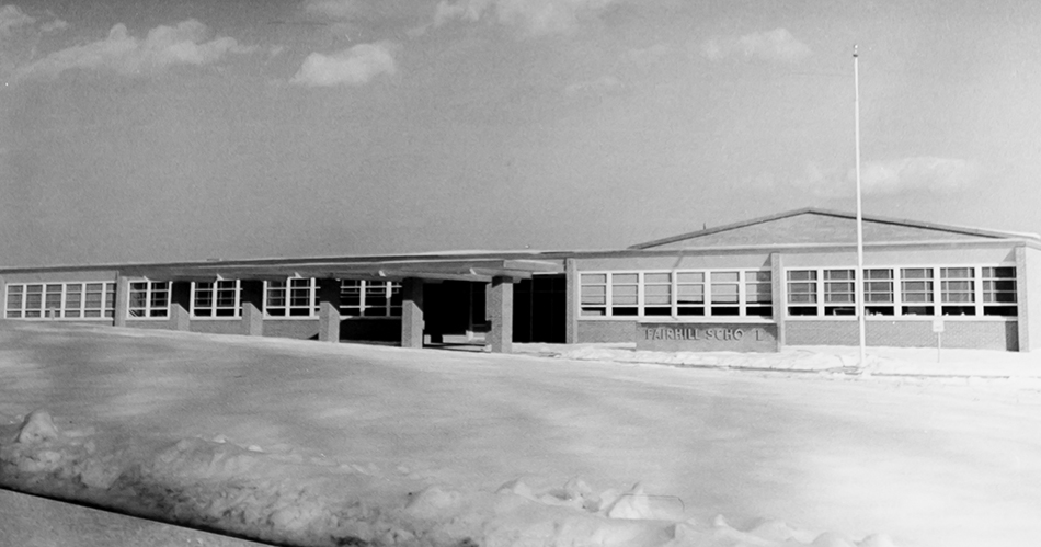 Black and white photograph of Fairhill Elementary School.
